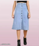 Long denim skirt with two pockets and a black top visible in the image