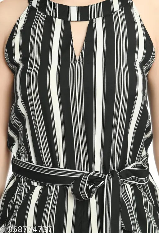 Black & White Striped Women's Crepe Sleeve Basic Jumpsuit - Keyhole neck, printed net pattern, L (38in bust, 57in length, 34in waist), Indian origin