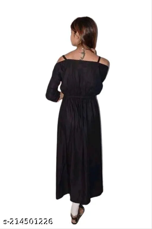Black rayon solid shoulder-cut kurtis for women, suitable for work or festive events, relaxed fit and machine washable
