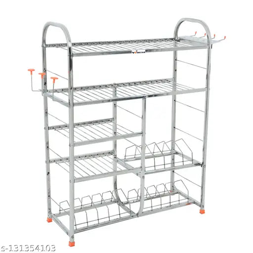 Stainless steel 5-shelf kitchen racks, dishwasher-safe with lower plate design. Organizes dishes and cutlery. Modular kitchen stand. 31x24 inches, Indian made