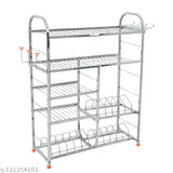 Stainless steel wall-mounted kitchen rack, 5 shelves, modular design, lower plate feature for dishes and cutlery, 31 x 24 inches