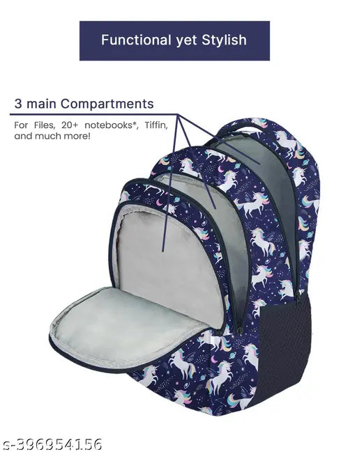 RR Blue Flying Unicorn polyester school backpack for Class 1-8, free size (L 32cm x W 28cm x H 2cm)