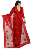 Embroidered net saree with semi-stitched satin blouse, Indian handcrafted embroidery work on free size net saree and blouse