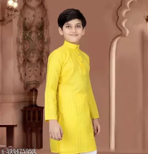 Yellow striped cotton kurta for kids (4-16 years), long sleeves, Indian traditional clothing on hanger