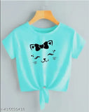 Sea Green Lycra crop top with cat face boo print, women's casual summer fashion from Urbaneviate