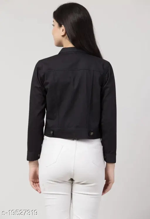 Solid women's denim jacket, three-quarter sleeves, India-made, size options S, M, L, XL