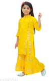 Yellow rayon A-line cotton Kurta plazzo for girls with intricate embroidery, suitable for daily wear and festivals