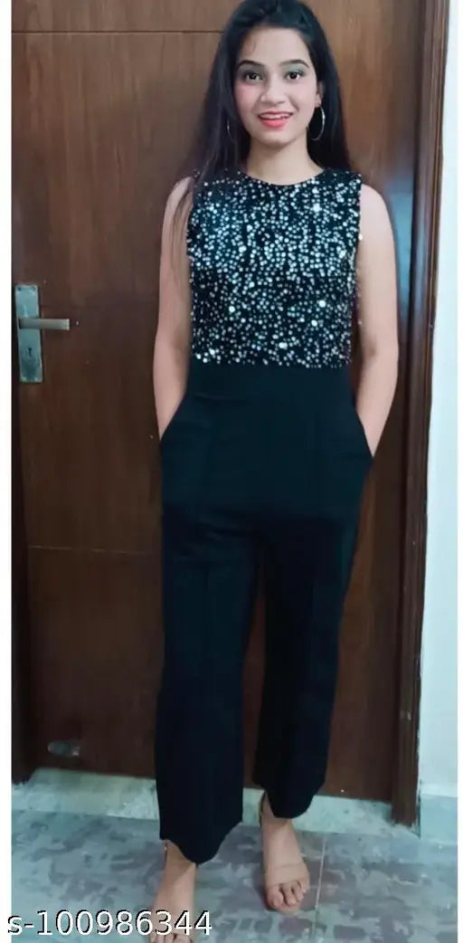 Cotton blend sequin jumpsuits for girls and women party wear, self-design net pattern, sleeveless style according to birthday (S: Bust 34", Waist 34", Length 46"; M: Bust 36", Waist 36", Length 46"; L: Bust 38", Waist 38", Length 46")