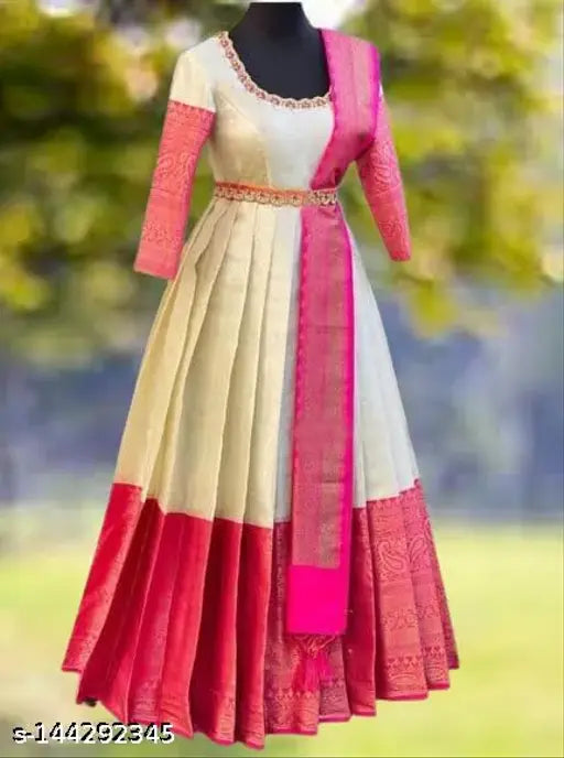 Jacquard three-quarter sleeve Zari woven net dress, classy and ravishing women's gown from India. (XS - XXXXL sizes available)
