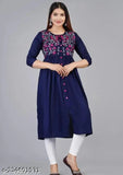 Blue rayon Anarkali Kurti with floral embroidery, three-quarter sleeves. Size options: S, M, L, XL, XXL, XXXL, 4XL. Indian party wear dress for women
