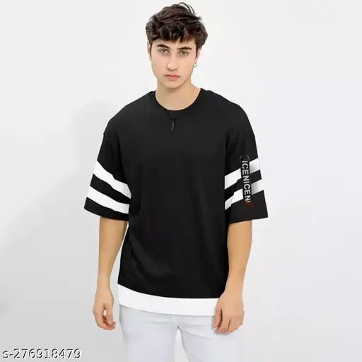 Black and mustard cotton blend casual hip hop t-shirt for men, three-quarter sleeves, solid design. Sizes available include XS (36in chest, 24in length), S (38in chest, 25in length), L (42in chest, 27in length), and XL (44in chest, 28in length). Made in India