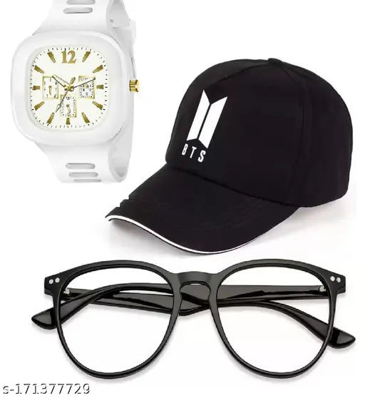 Trendy cotton cap and analog watch set with selfie sunglasses (pack of 3), casual and formal for men, boys, and girls in embroided net pattern