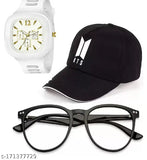 Trendy cotton cap and analog watch set with selfie sunglasses (pack of 3), casual and formal for men, boys, and girls in embroided net pattern