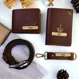 Brown faux leather combo pack: Customised wallet, keychain, belt, passport cover - personalized accessories for essential travel and everyday use