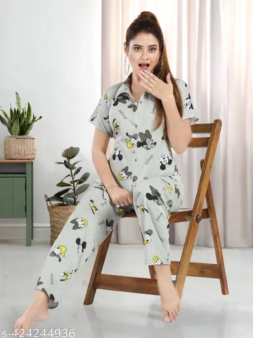 Sigma Trede Trending Print Night Satin Shirt & Pyjama Set for Women & Girls, long-sleeved printed coord set (XL, XXL), satin fabric, India origin