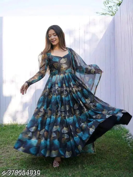 Georgette long-sleeve printed net gown for women, trendy fashionable kurti with lace duppatta, available in S, M, L, XL, XXL