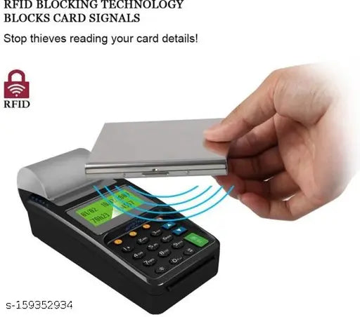 Shiny black, metal RFID blocking wallet with 6 slots for men and women. Stylish, multipurpose design offers secure storage for credit cards, IDs, insurance, and smartcards. Slim, stainless steel construction with free size (L10cm x W7cm). Ideal for laser engraving and gift-worthy presentation box from India