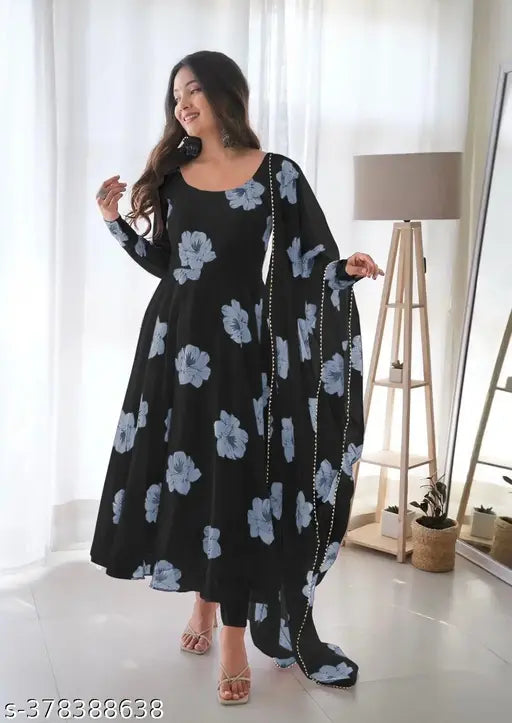 Georgette floral printed anarkali kurta & palazzo set with dupatta, women's long-sleeved Indian wear in georgette and cotton, single size