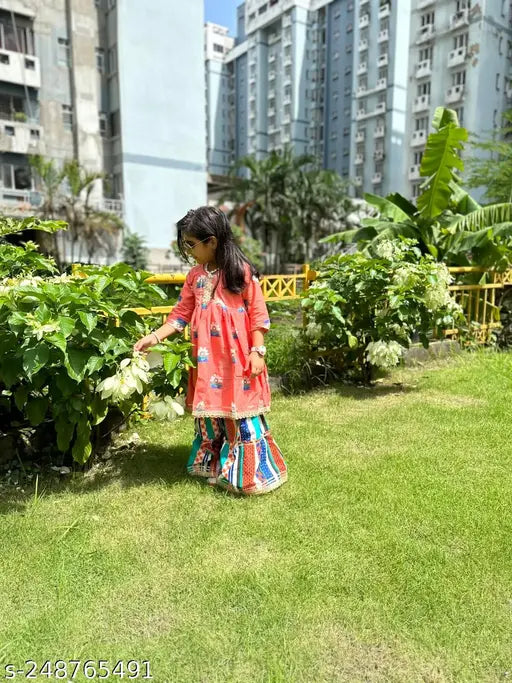 Cotton Apsara Kurti & Sharara set, printed with contrast colors and Gota lace. Indian traditional outfit for toddlers and kids (6M-4Y)