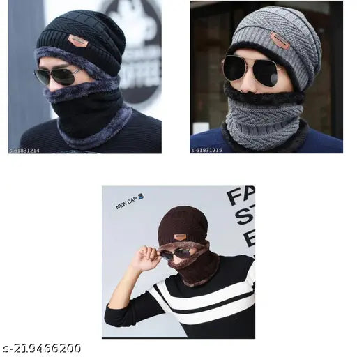Black, brown, and grey wool men's balaclava cap pack of 3 - Accessory for outdoor activities in cold weather