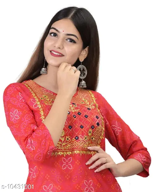 Red rayon slub kurta women's self-design