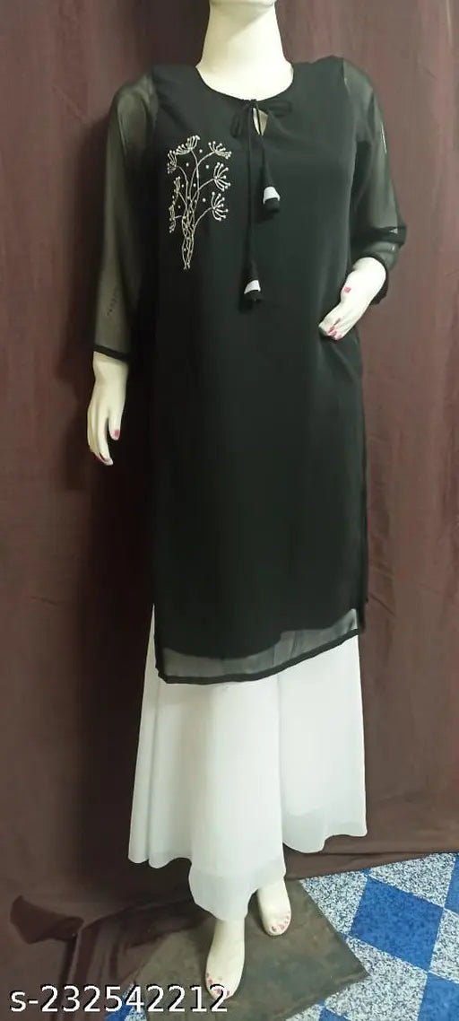 Georgette Sarara kurti set, three-quarter sleeves with palazzo bottoms in solid pattern. New Indian fashion design by Sona boutique." (107 characters)