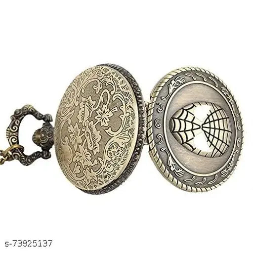 A vintage pocket watch keychain with a spider face design, silver tone finish, and an analogue white round dial