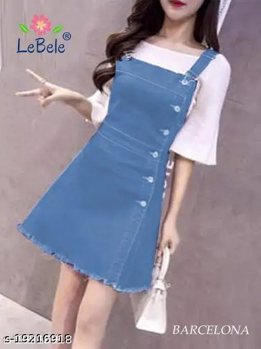 Denim Westarn pinafore dress, sleeveless solid denim style, women's XS-XXL, Indian-made fashion piece on hanger