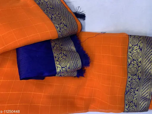 Trendy chiffon checks saree, free size Indian saree with checked blouse and running blouse pattern