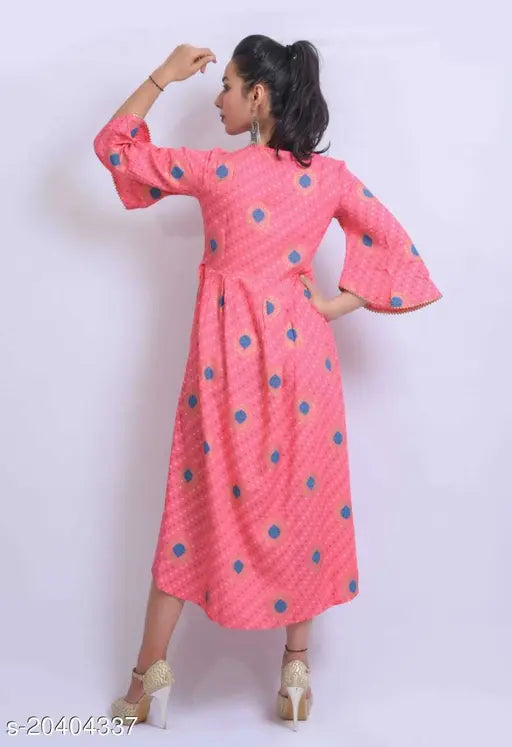 Rayon multi-colored long dress, pink fabric, V-neck, sleeves
