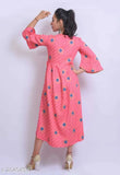 Rayon multi-colored long dress, pink fabric, V-neck, sleeves
