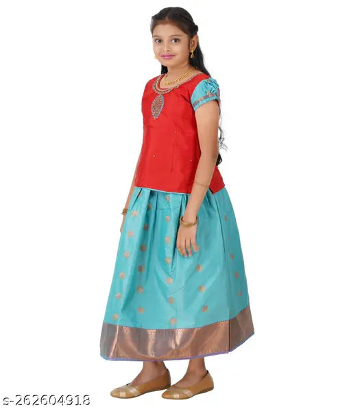 Silk Lehenga and Cholis for kids, traditional Kanchipuram pattu pavadai with Aari Work & Zari detailing, 0-10 years, Indian origin