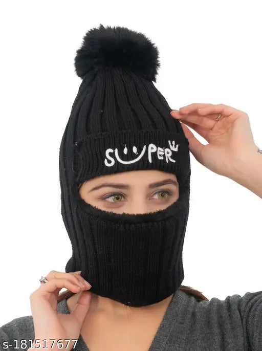 Soft knitted monkey wool cap with fur pom pom