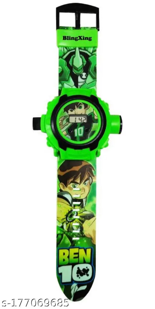 Wonderful digital watch with green and black color scheme, featuring a boy in a red shirt on the face, for kids