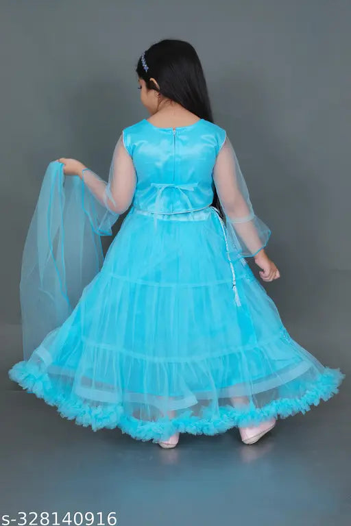 Butterfly net and art silk Lehenga Choli with long sleeves and Aari Work, perfect for festivals or special occasions. Beautifully stitched, ideal for 6-7-year-old girls from India