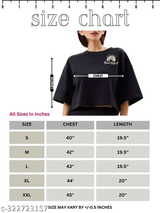 Black cotton blend crop top with printed design, suitable for women/girls with loose fit and half sleeves