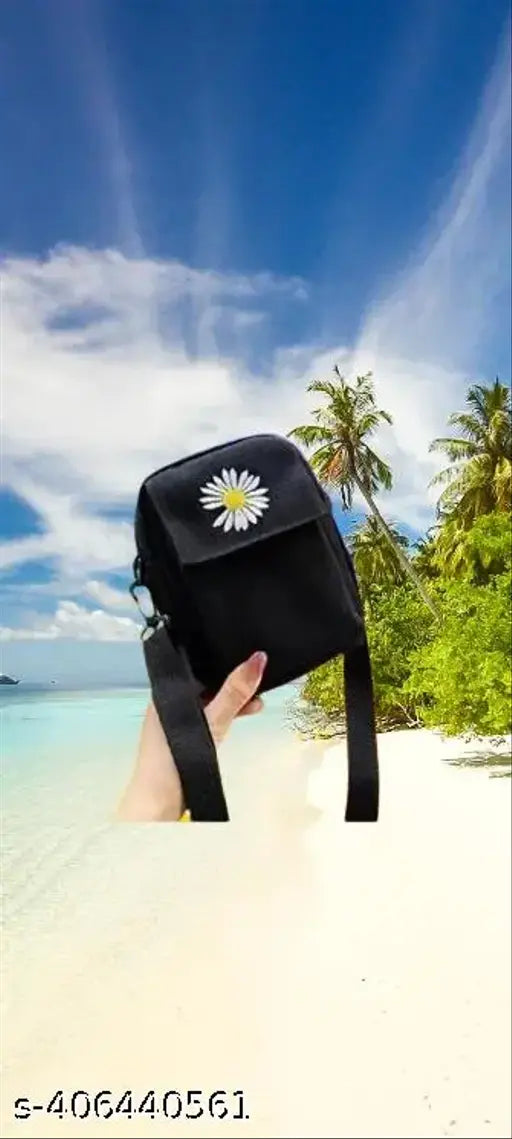 Fashionable black shoulder bag with a sunflower design on the front