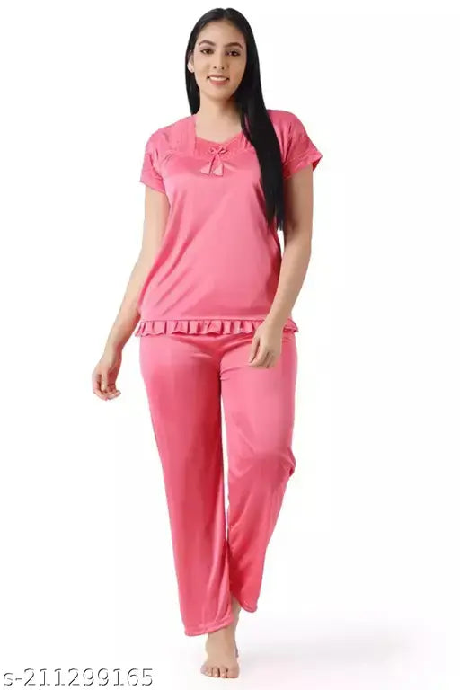 Coral pink satin pyjama set for women's sleepwear and lounge wear, comfortable and chic nightdress for special nights