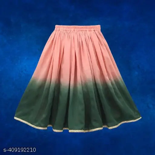 Rayon colorblocked lehenga choli with short sleeves, printed pattern, stitched net. Indian traditional outfit for girls aged 3-12 years