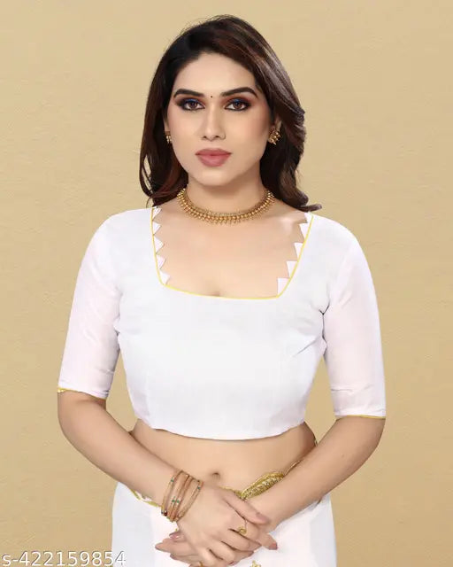 Ethnic georgette saree, white with yellow border, pack of 1 for women and girls