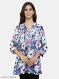 Multicolor floral print rayon Lycra dress with mandarin collar and three-quarter sleeves, made in India