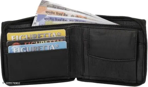 Faux leather bi-fold wallet, textured pattern, 2 compartments, free size, ideal for men and women