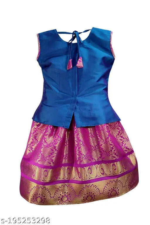 Girls traditional cotton silk Lehenga choli set, sleeveless, embellished, woven design. Perfect for kids festivals and gatherings. Made in India