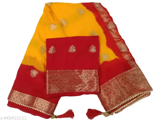 Vibrant red and gold Banarasi saree with zari border and lace work, perfect for casual parties and weddings