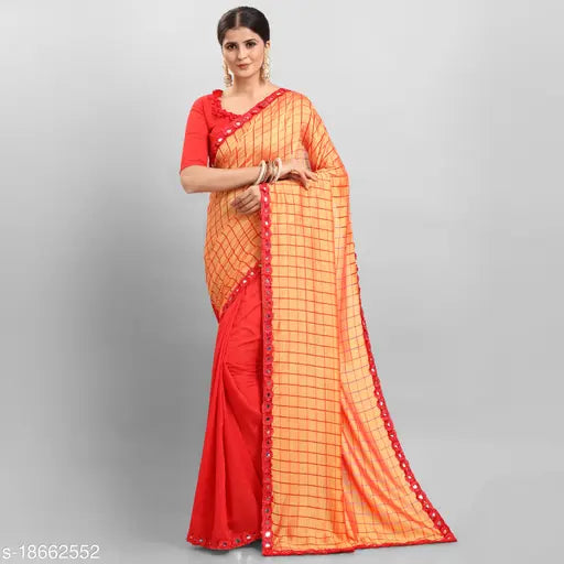 Vichitra silk, tulip prints saree with mirror lace border, half and half design including separate blouse piece