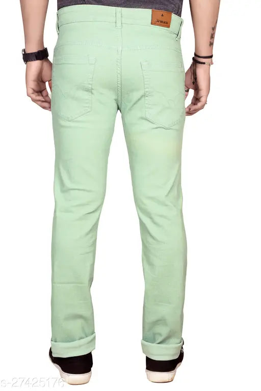 Just black men's slim cotton blend jeans, solid green pattern. High-quality mens regular fit jeans with two front pockets and two back pockets sizes: 30, 42, 46 (inseam 40"). Made in India