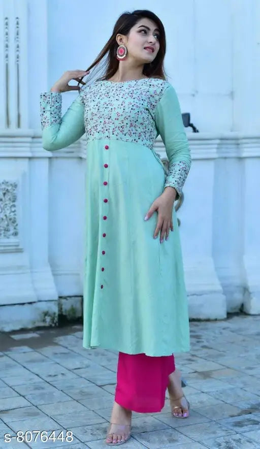 Rayon SLUB embroidered long kurti with palazzos, Indian women's fashion in XXXL size