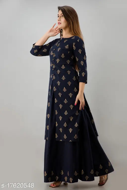 Gold print long skirt kurta with pockets for women, cotton rayon blend, straight cut