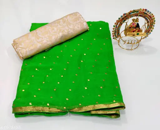 Chiffon printed net saree with separate jacquard blouse, vibrant Indian fashion wear