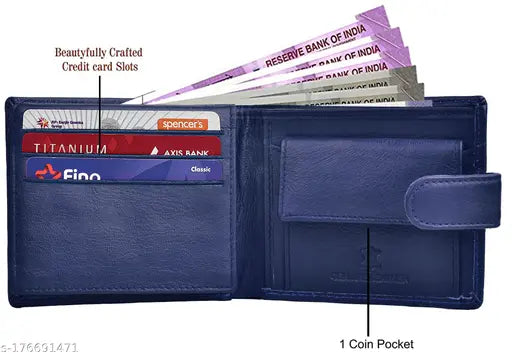 Blue RFID protected genuine leather mens wallet, featuring 5 compartments for organized storage and a stylish urban design. Solid construction with dimensions (L:9cm, W:11cm). Perfect gift for men, offering both style and practicality. Made in India